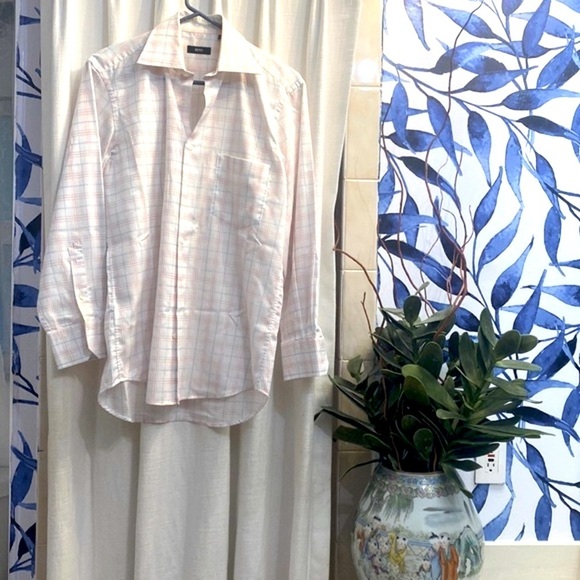 Men’s BOSS Hugo Boss Long Sleeve White Pink & Blue Plaid Button Down Size 38 - Picture 1 of 7